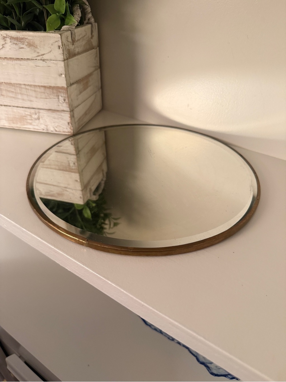 Vintage Round Mirrored Display Plateau Brass Trim 10” Centerpiece Vanity Tray